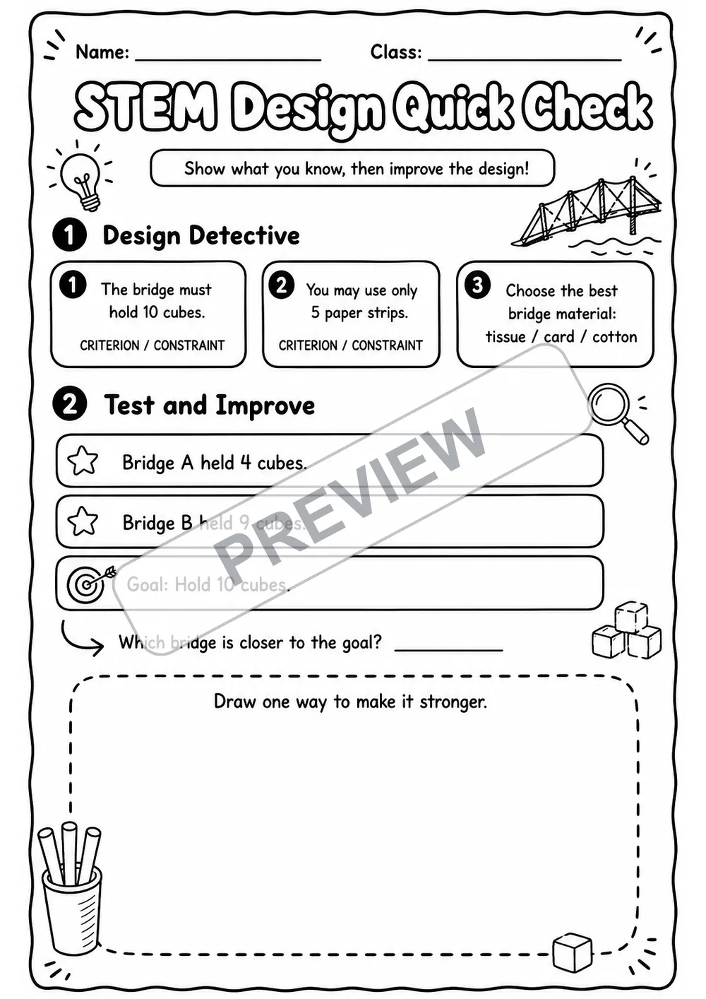 STEM Design Quick Check Worksheet | Engineering Design | Grades 2-5 watermarked worksheet preview