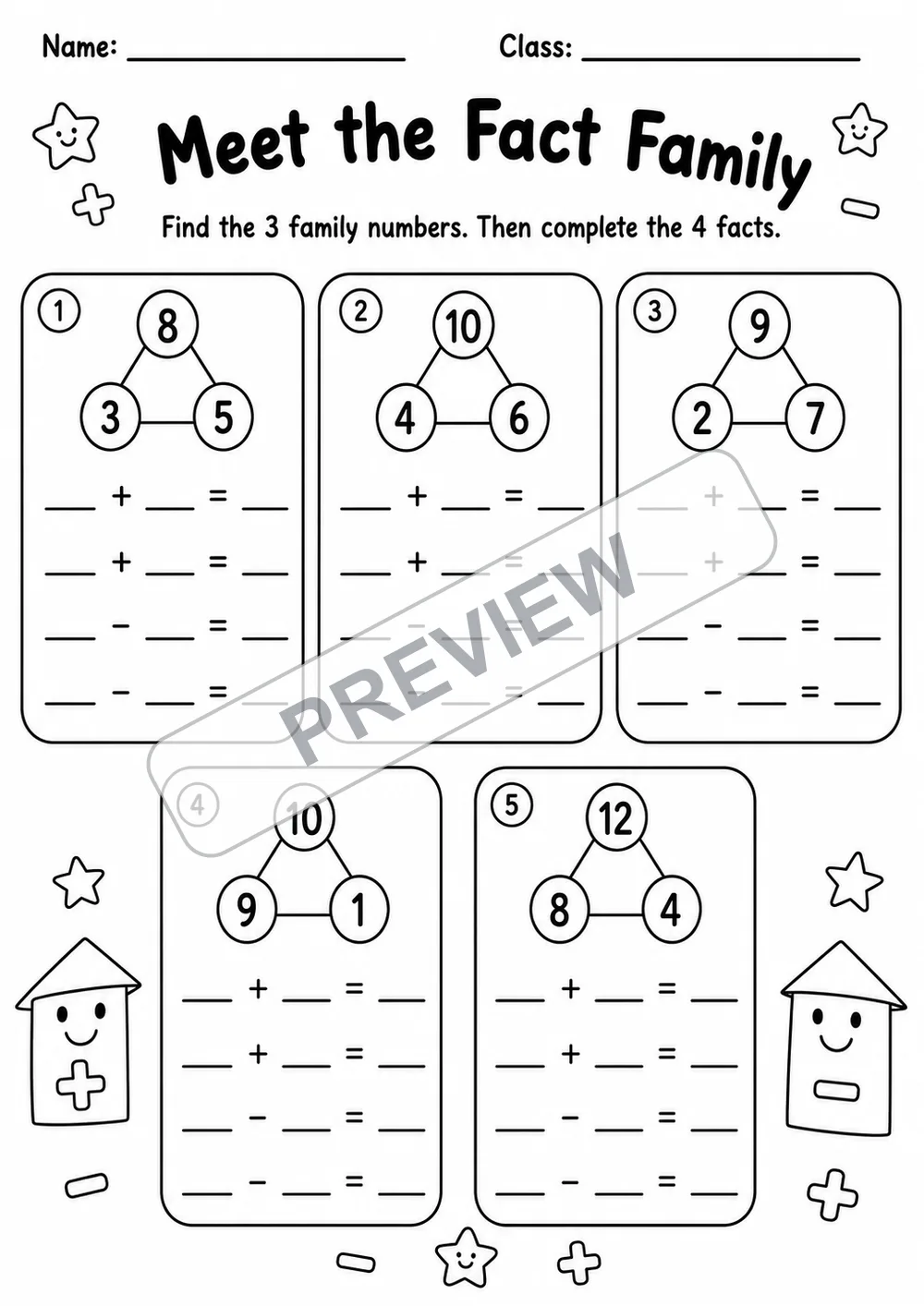 Addition and Subtraction Fact Family Practice Pack | 5 Worksheets | Grades 1-2 watermarked worksheet preview