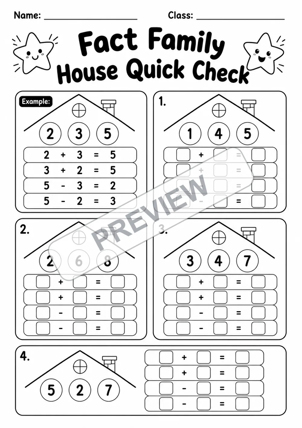 Fact Family House Quick Check | Addition and Subtraction Within 10 | Grade 1 watermarked worksheet preview