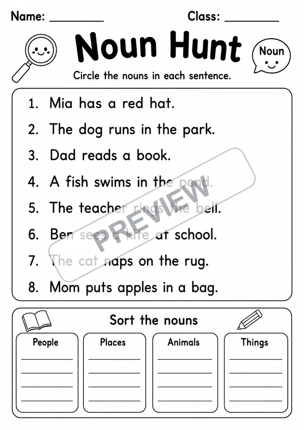 First Grade Grammar Essentials Mega Pack | 9 Worksheets | Grade 1 watermarked worksheet preview