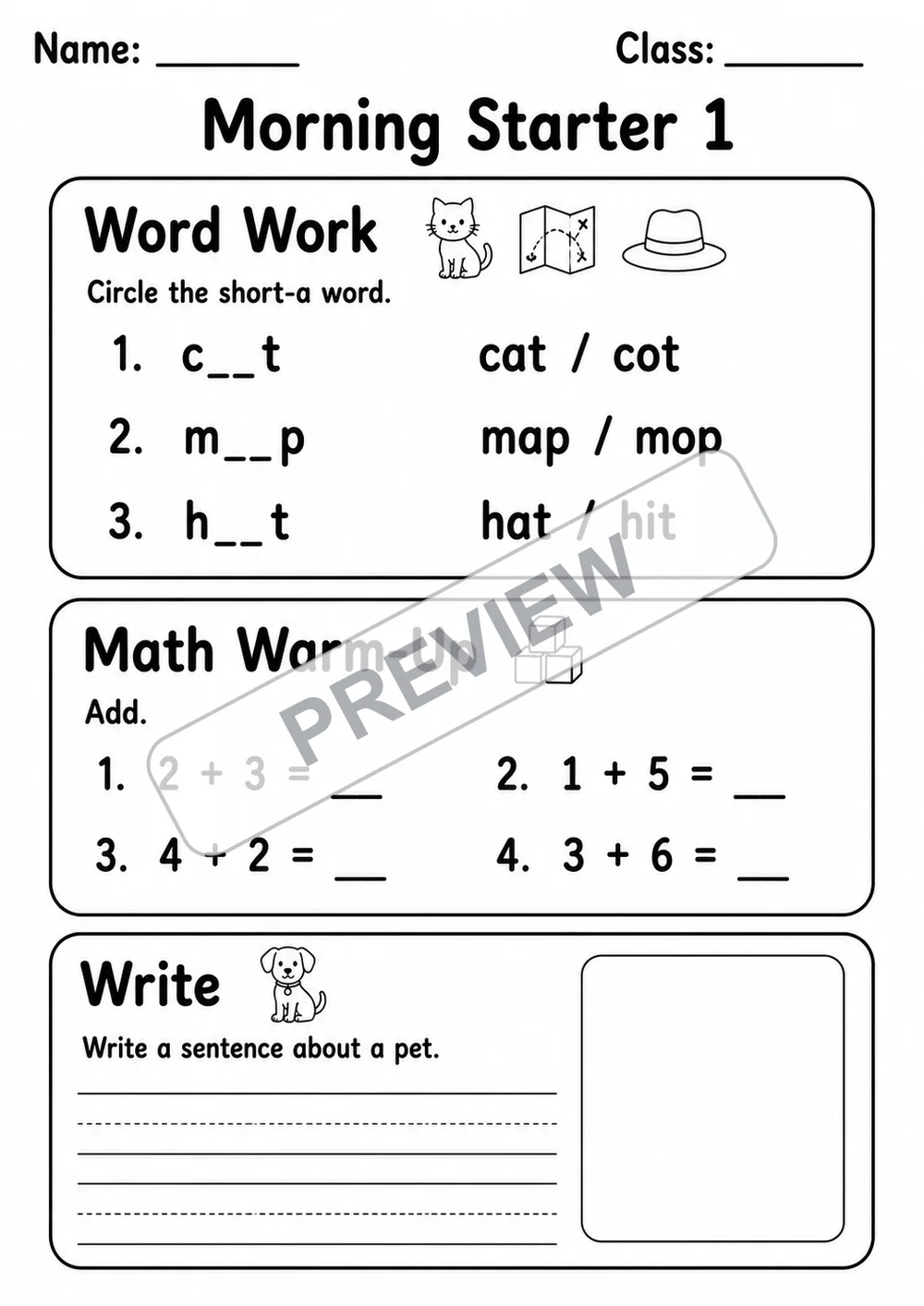 First Grade Morning Work Math and ELA | 7 Worksheets | Grade 1 watermarked worksheet preview
