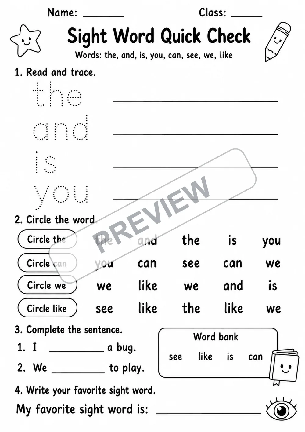 Sight Word Quick Check | 1 Worksheet | Kindergarten-Grade 1 watermarked worksheet preview