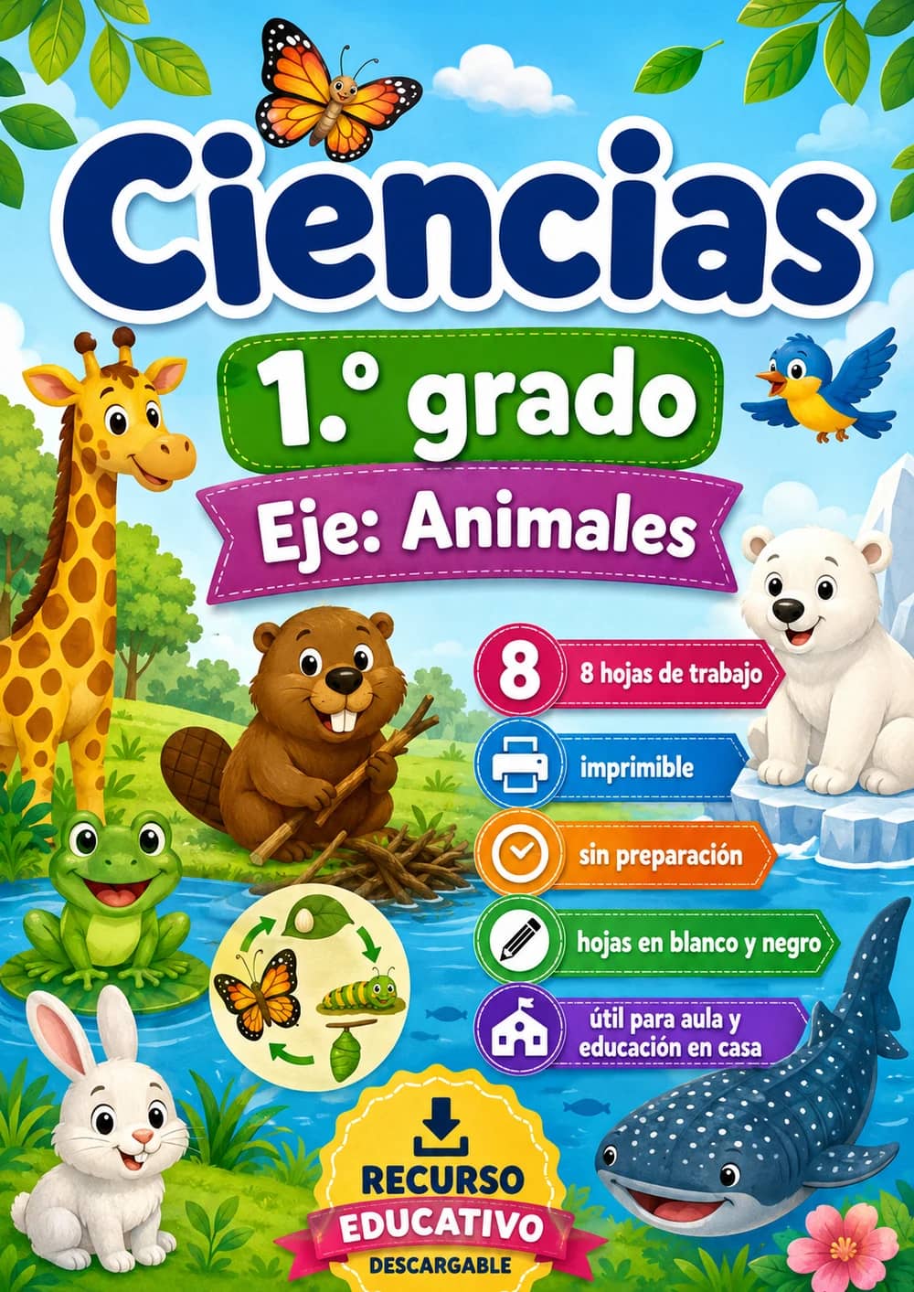 1.º grado - Animales - Paquete de ciencias en español portada imprimible