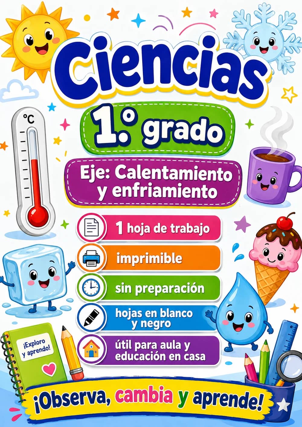 1.º grado - Calentamiento y enfriamiento - Paquete de ciencias en español portada imprimible