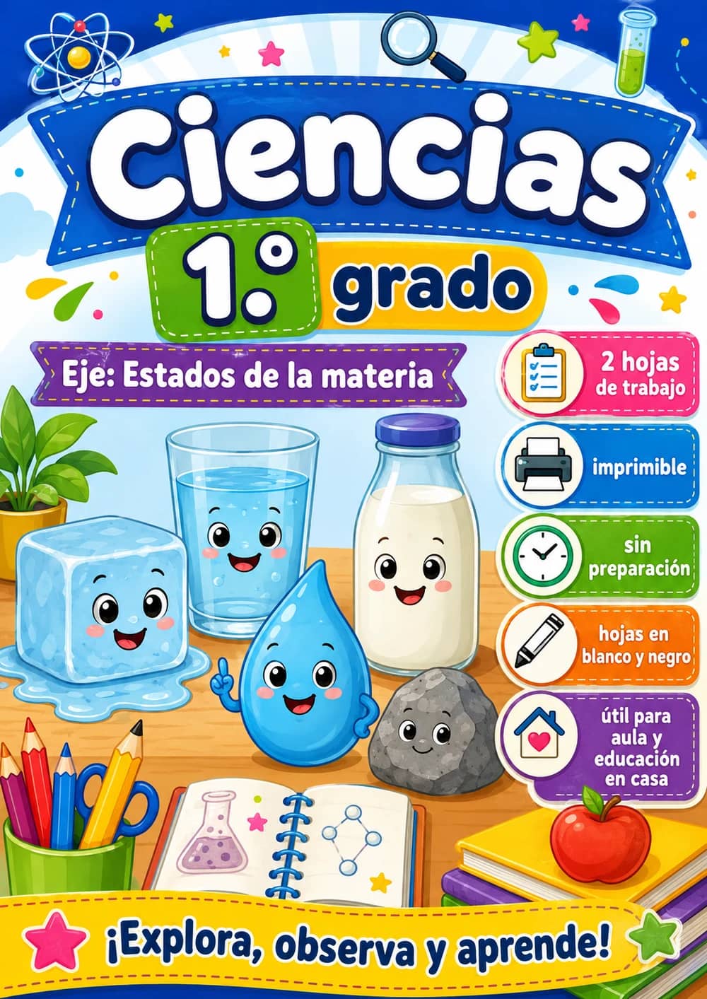 1.º grado - Estados de la materia - Paquete de ciencias en español portada imprimible
