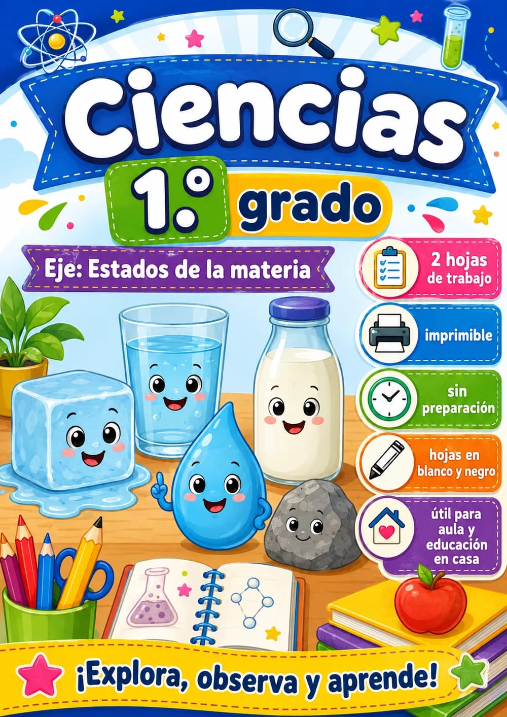 1.º grado - Estados de la materia - Paquete de ciencias en español portada imprimible