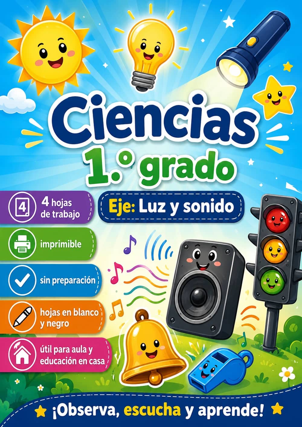 1.º grado - Luz y sonido - Paquete de ciencias en español portada imprimible