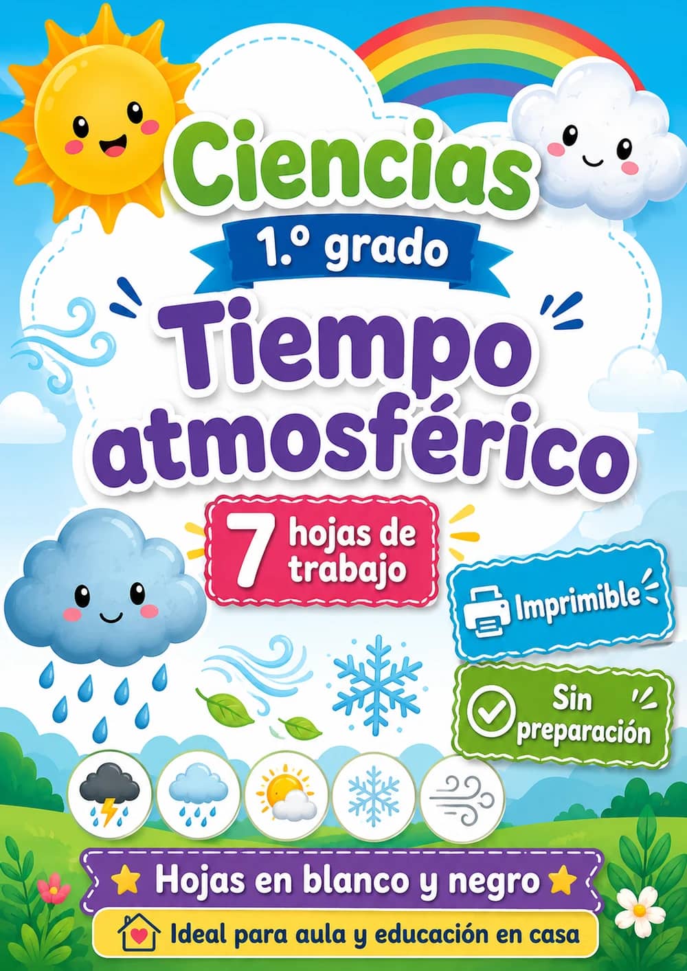 1.º grado - Tiempo atmosférico - Paquete de ciencias en español portada imprimible