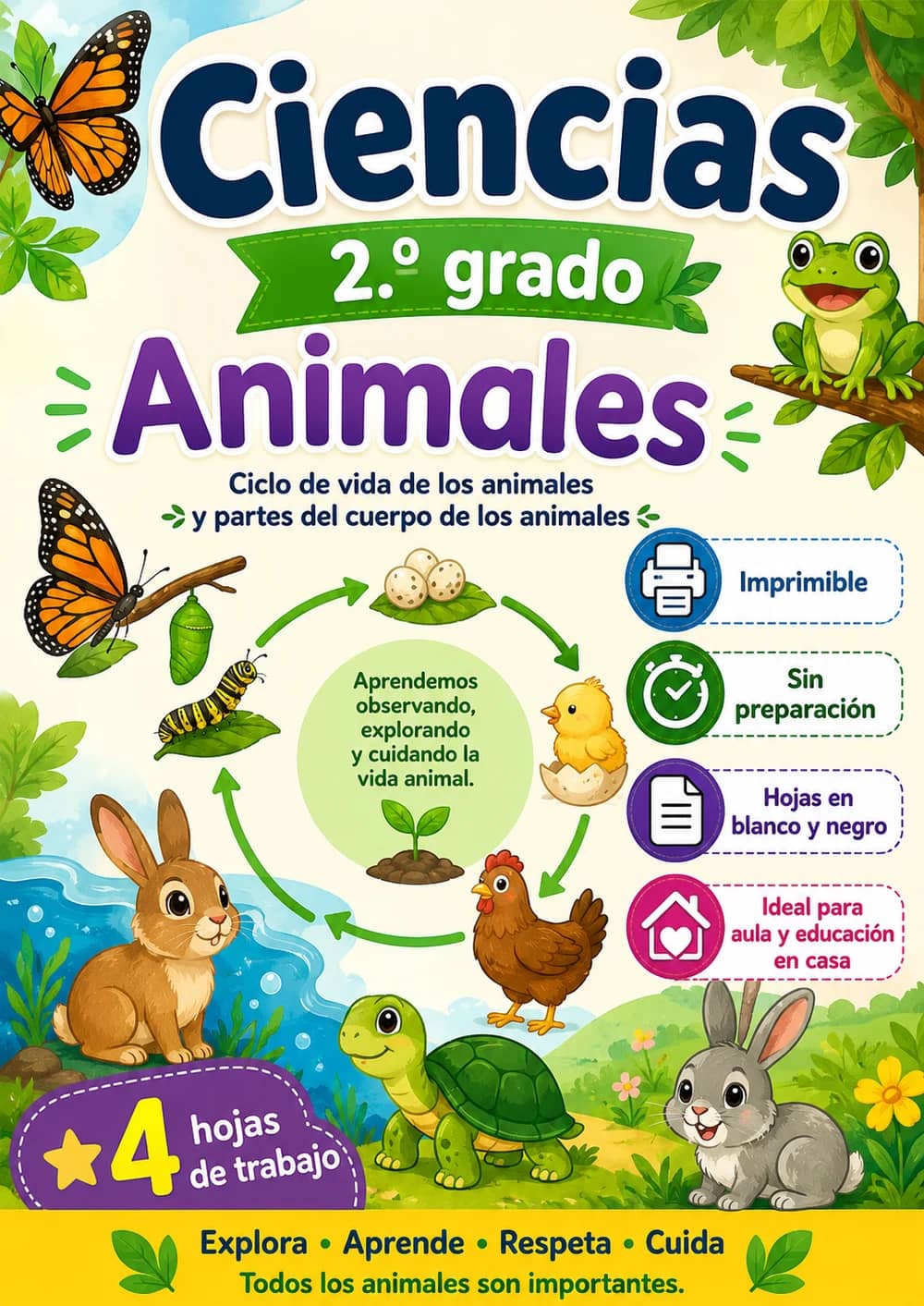 2.º grado - Animales - Paquete de ciencias en español portada imprimible