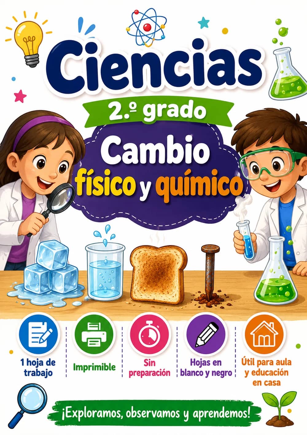 2.º grado - Cambio físico y químico - Paquete de ciencias en español portada imprimible