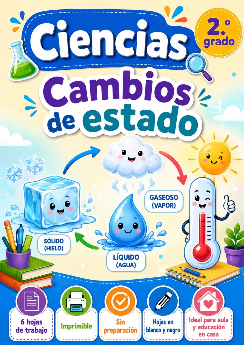 2.º grado - Cambios de estado - Paquete de ciencias en español portada imprimible