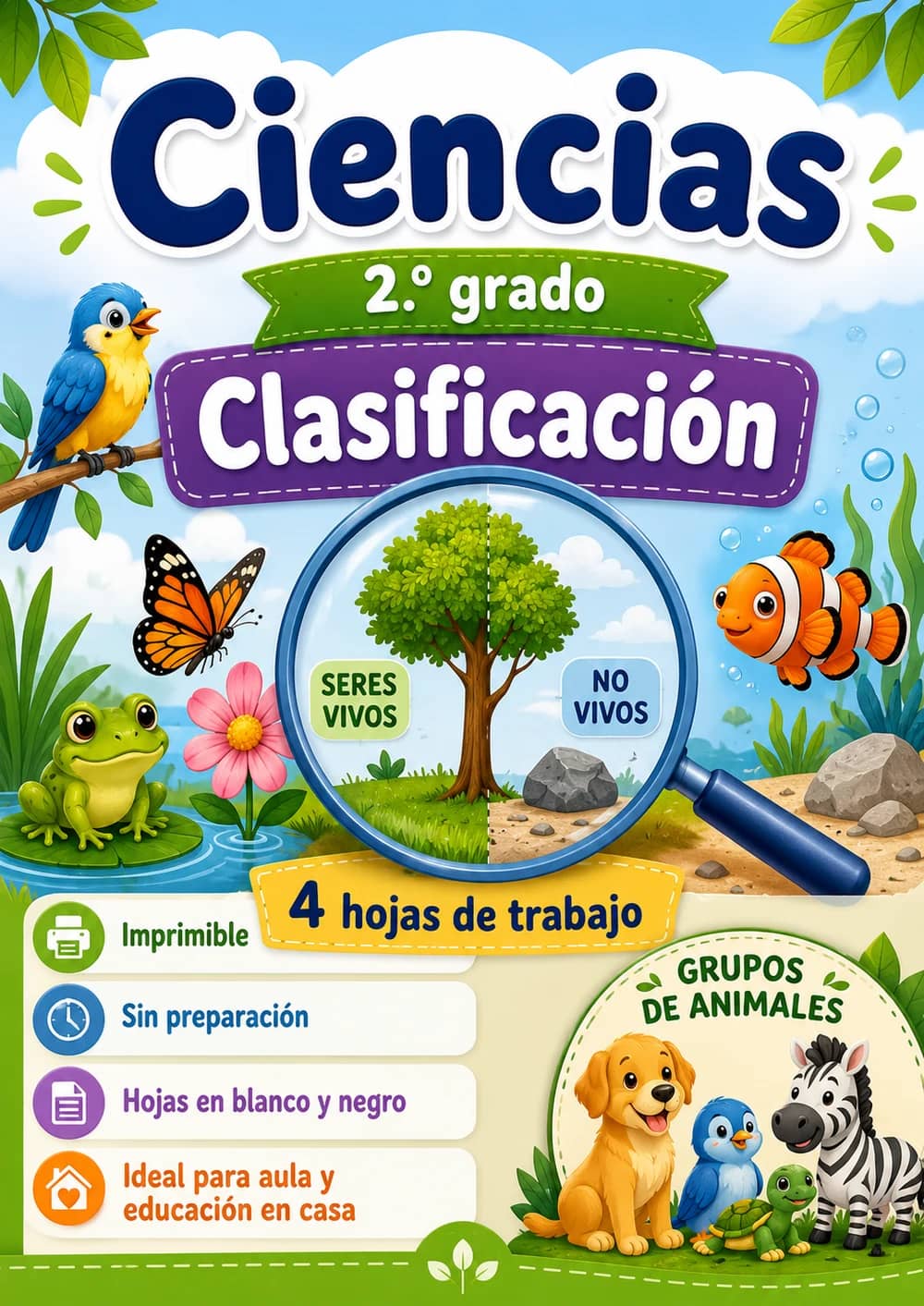 2.º grado - Clasificación - Paquete de ciencias en español portada imprimible