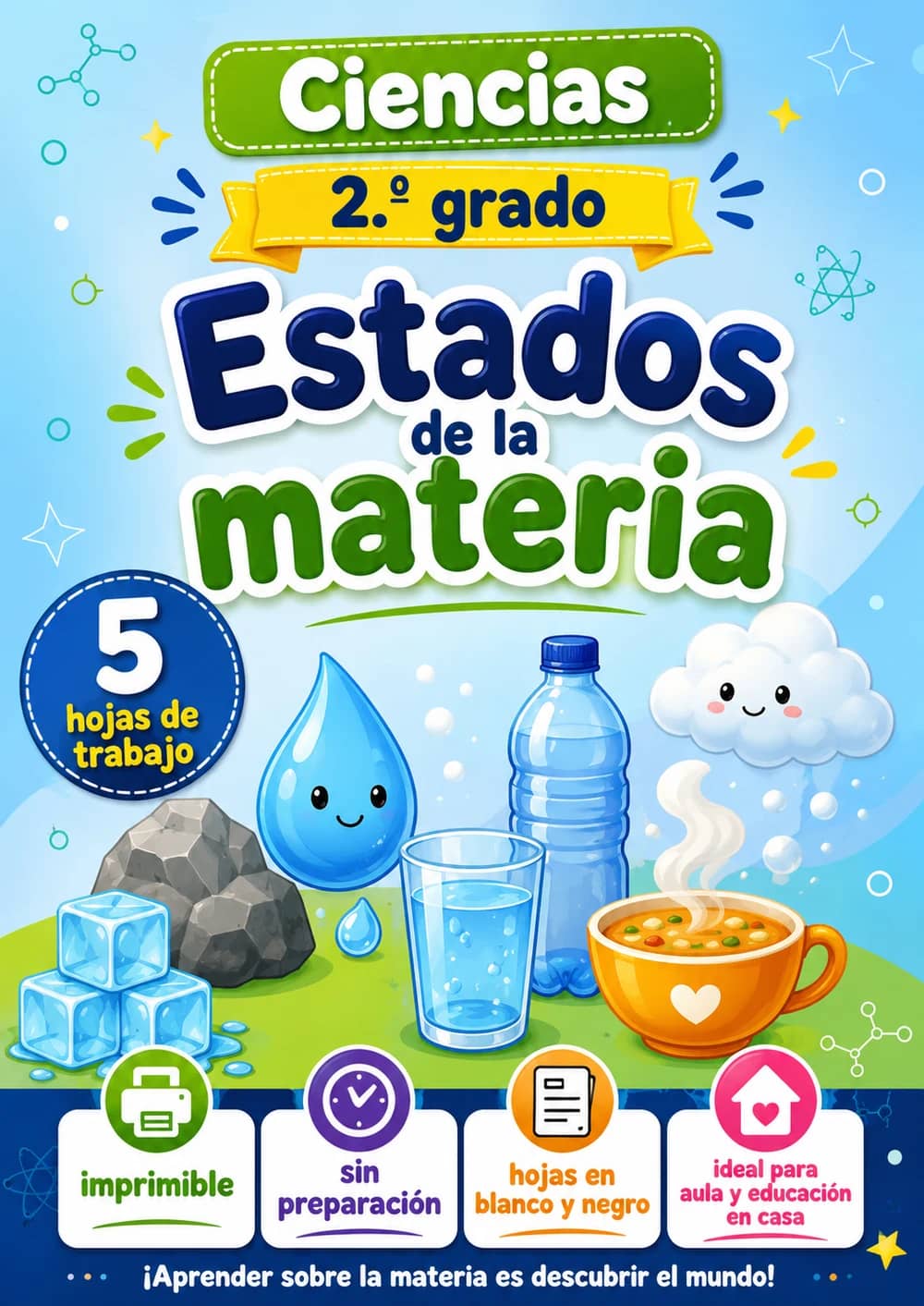 2.º grado - Estados de la materia - Paquete de ciencias en español portada imprimible