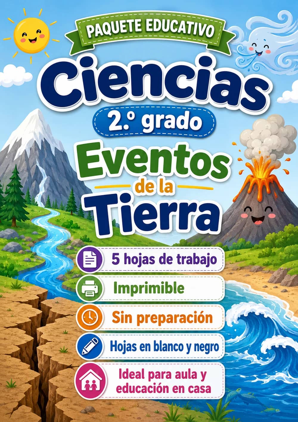 2.º grado - Eventos de la Tierra - Paquete de ciencias en español portada imprimible