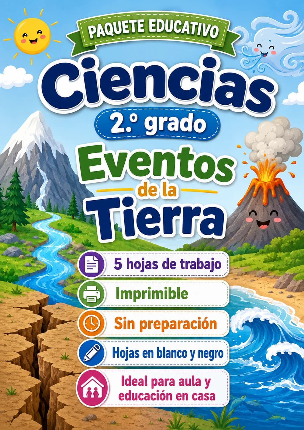 2.º grado - Eventos de la Tierra - Paquete de ciencias en español portada imprimible