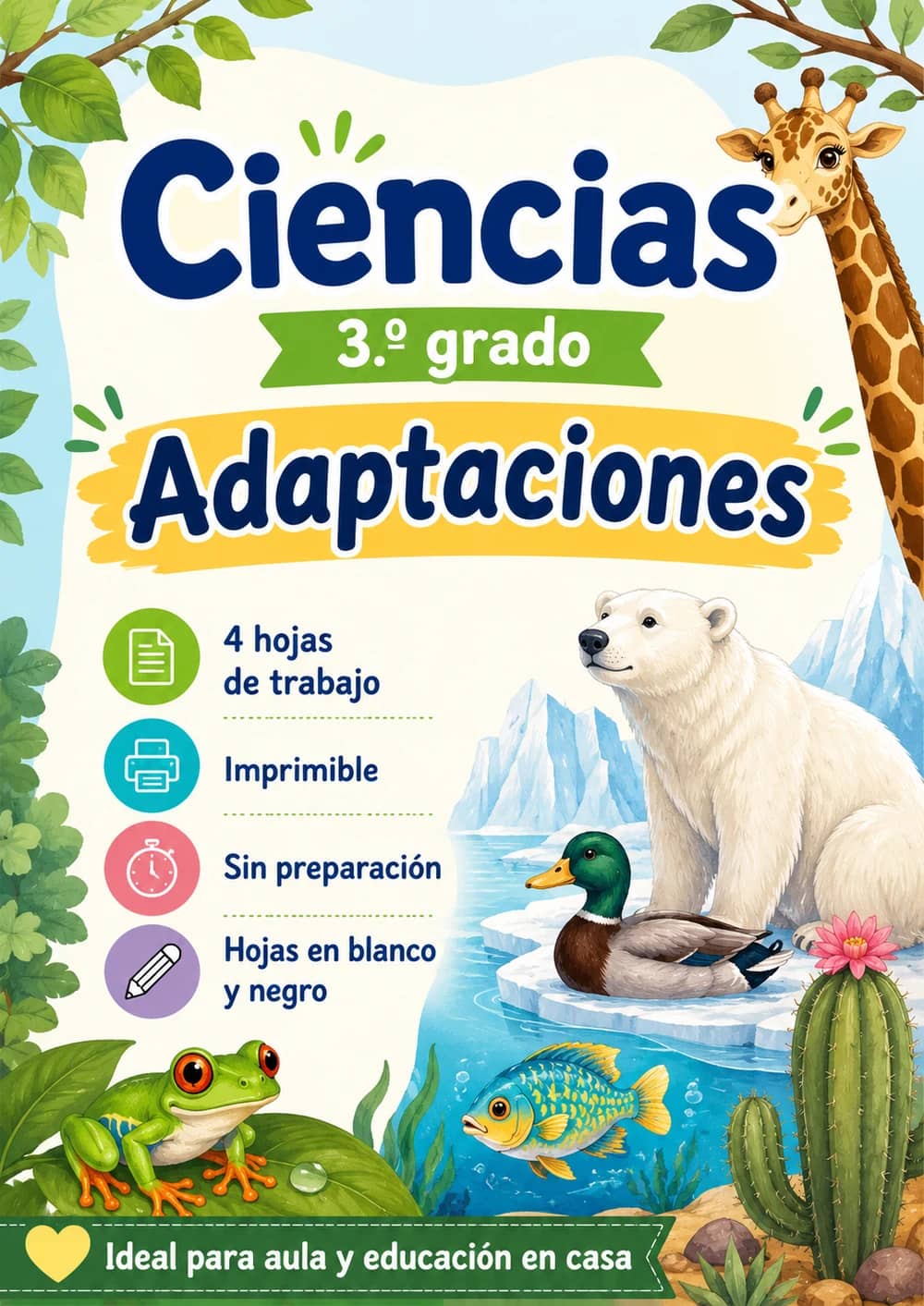 3.º grado - Adaptaciones - Paquete de ciencias en español portada imprimible