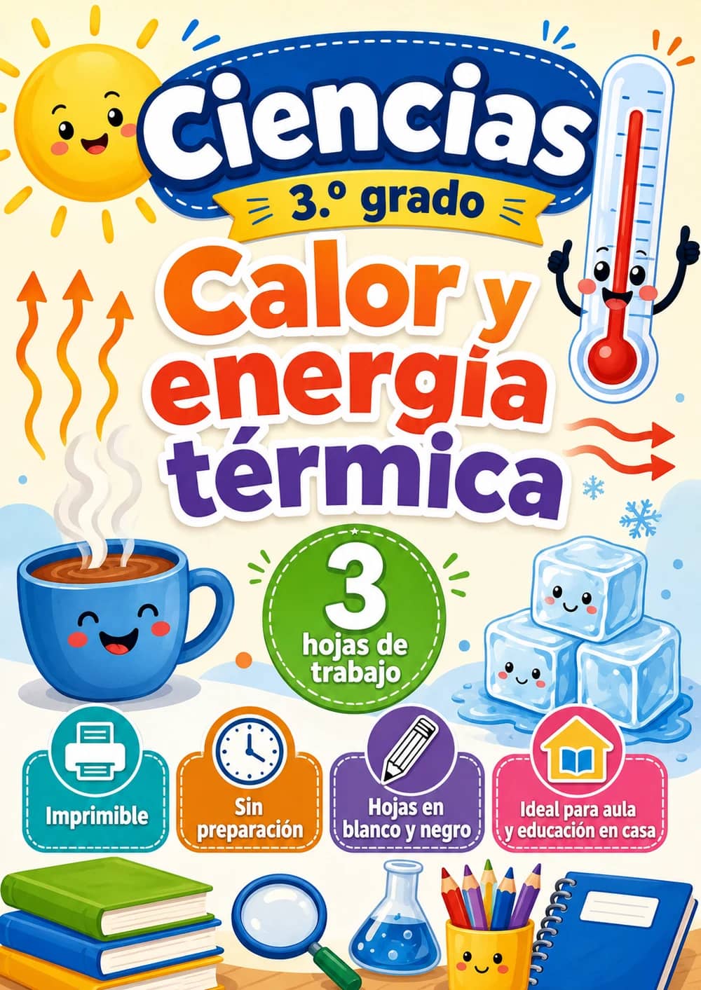 3.º grado - Calor y energía térmica - Paquete de ciencias en español portada imprimible