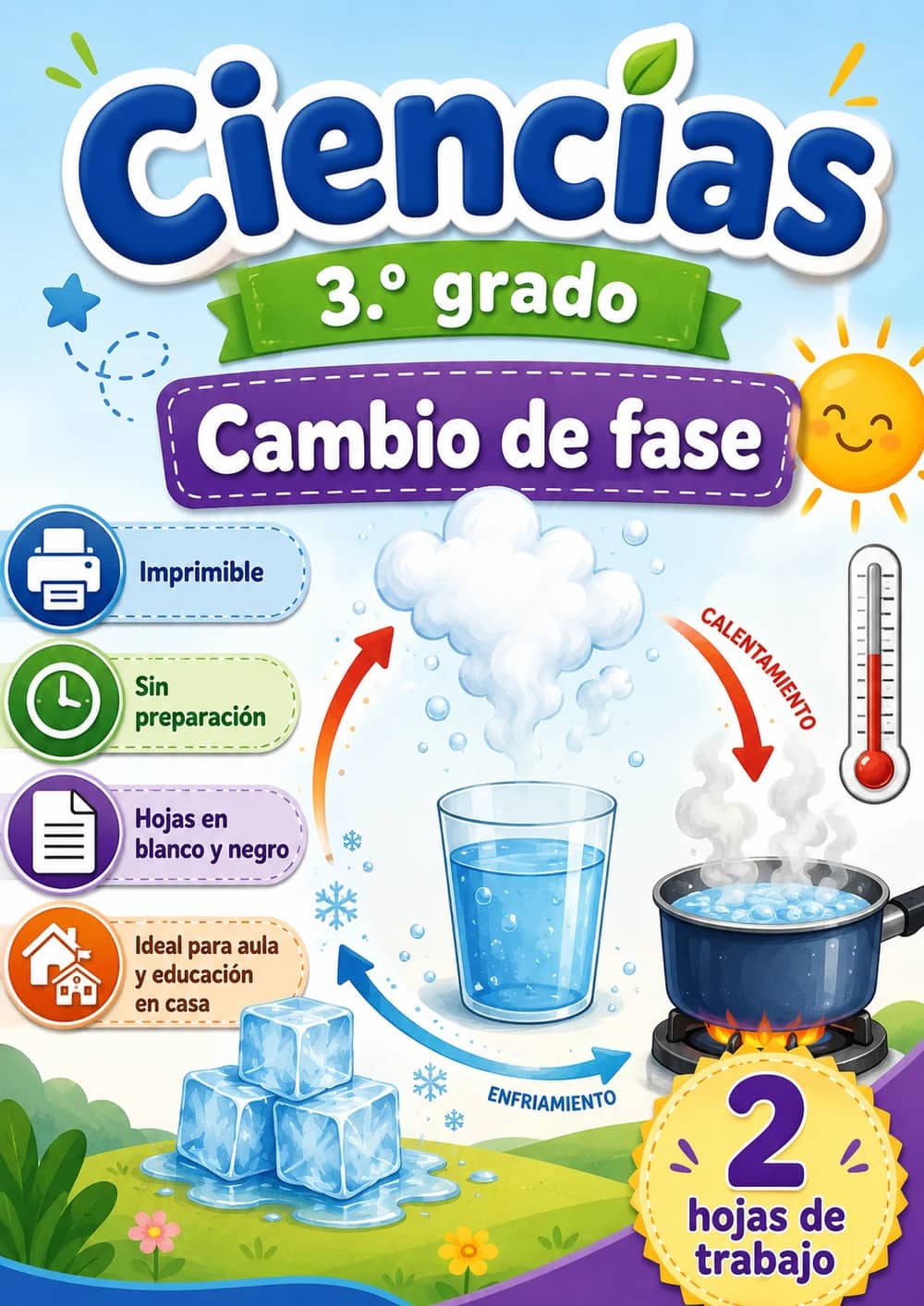 3.º grado - Cambio de fase - Paquete de ciencias en español portada imprimible