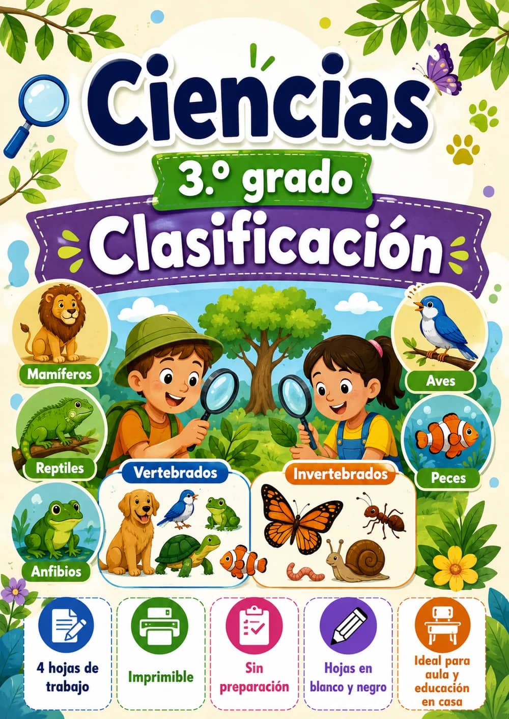 3.º grado - Clasificación - Paquete de ciencias en español portada imprimible