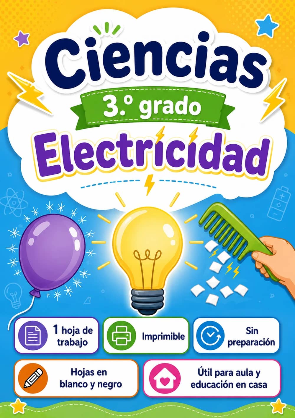 3.º grado - Electricidad - Paquete de ciencias en español portada imprimible