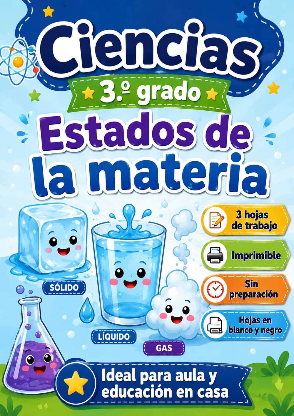 3.º grado - Estados de la materia - Paquete de ciencias en español portada imprimible