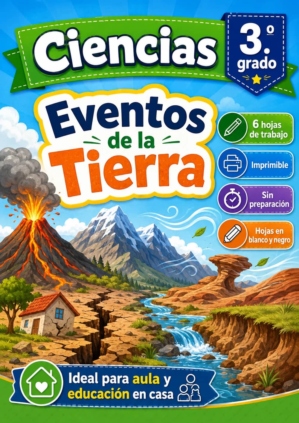 3.º grado - Eventos de la Tierra - Paquete de ciencias en español portada imprimible