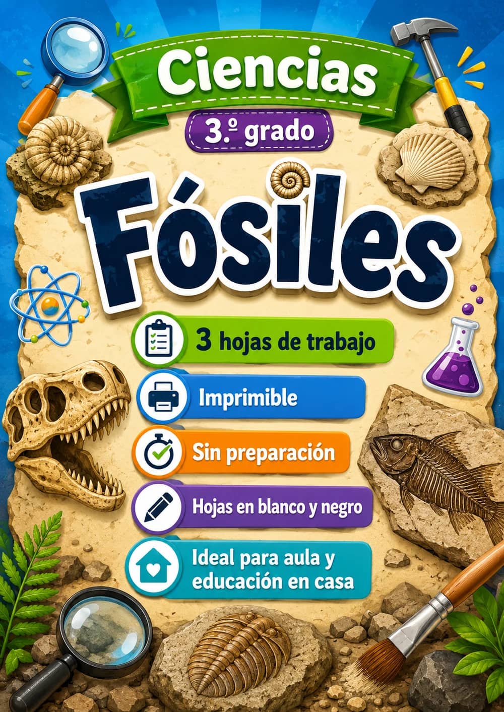3.º grado - Fósiles - Paquete de ciencias en español portada imprimible