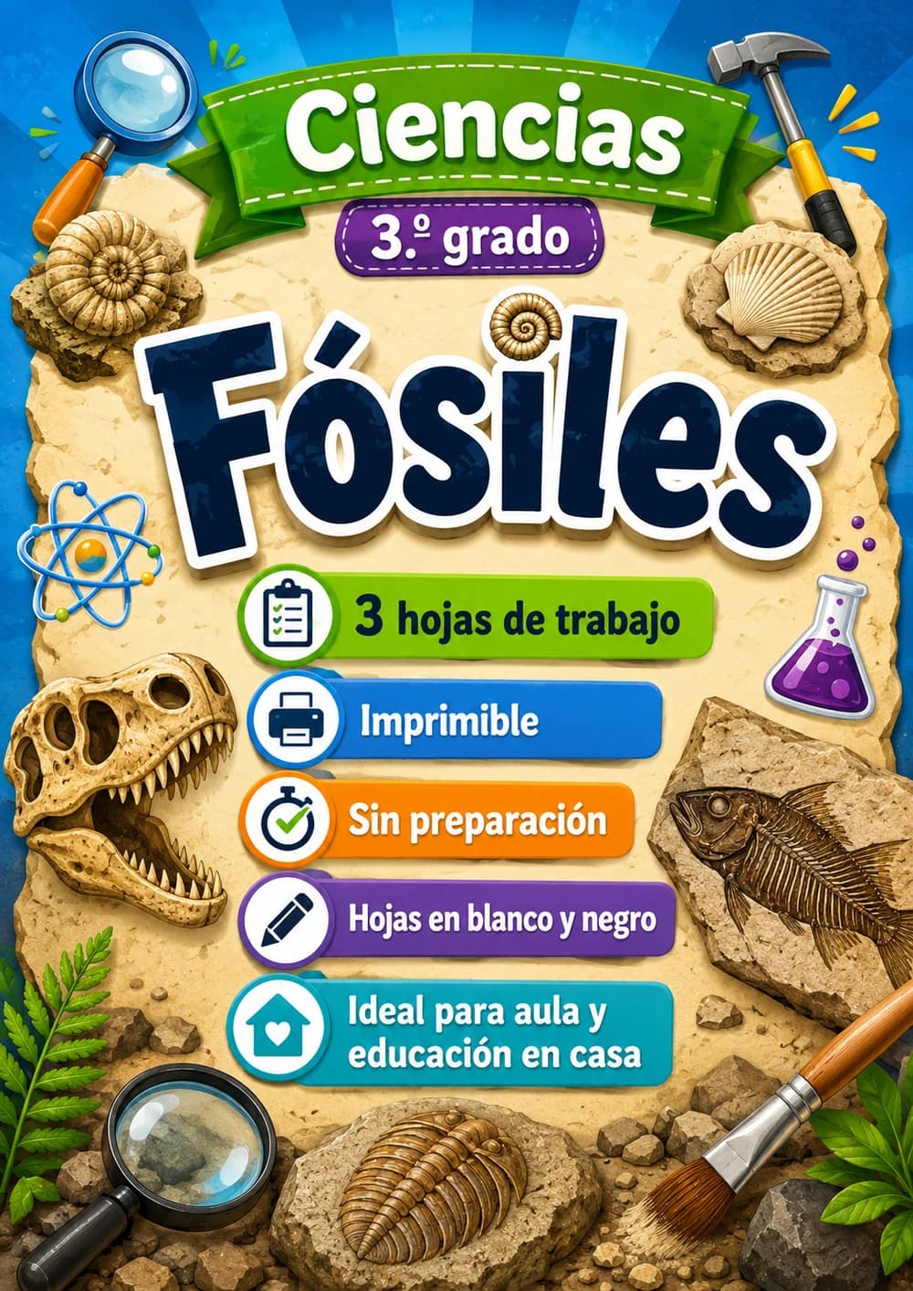 3.º grado - Fósiles - Paquete de ciencias en español portada imprimible