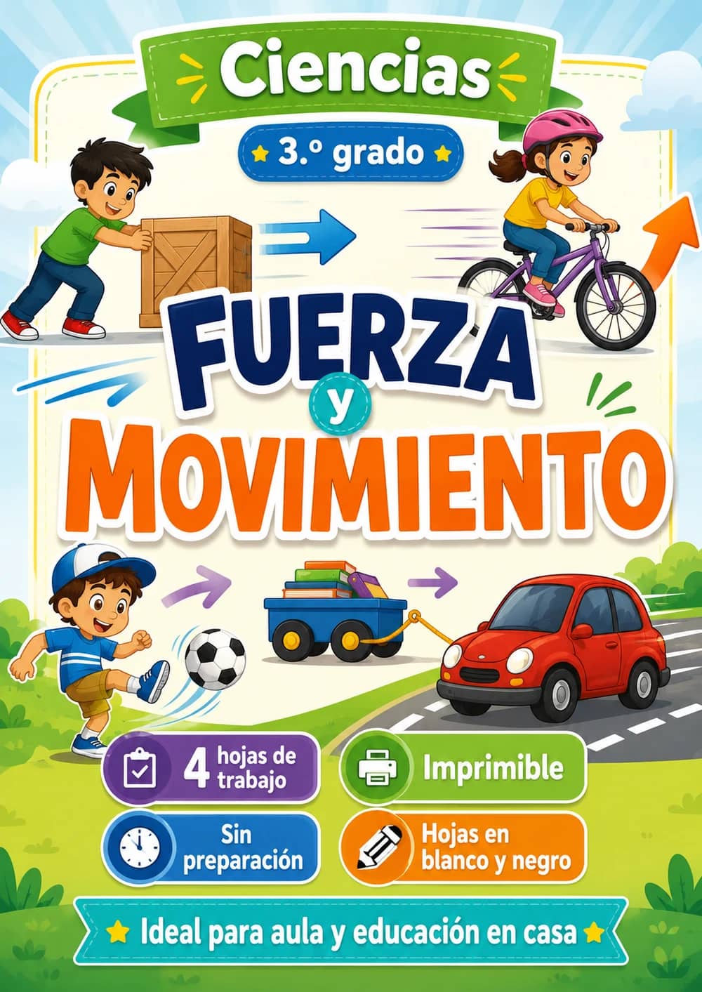 3.º grado - Fuerza y movimiento - Paquete de ciencias en español portada imprimible