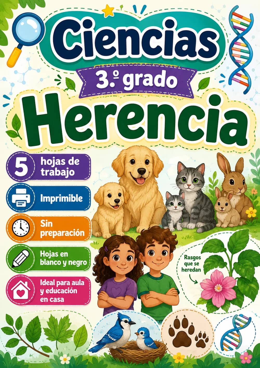 3.º grado - Herencia - Paquete de ciencias en español portada imprimible