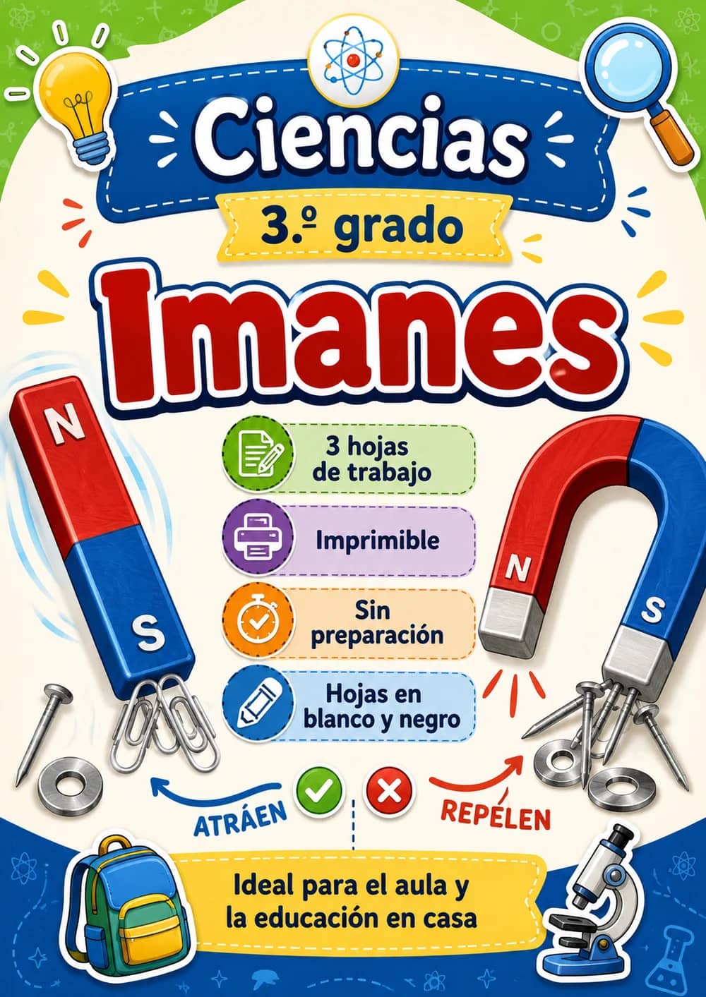 3.º grado - Imanes - Paquete de ciencias en español portada imprimible