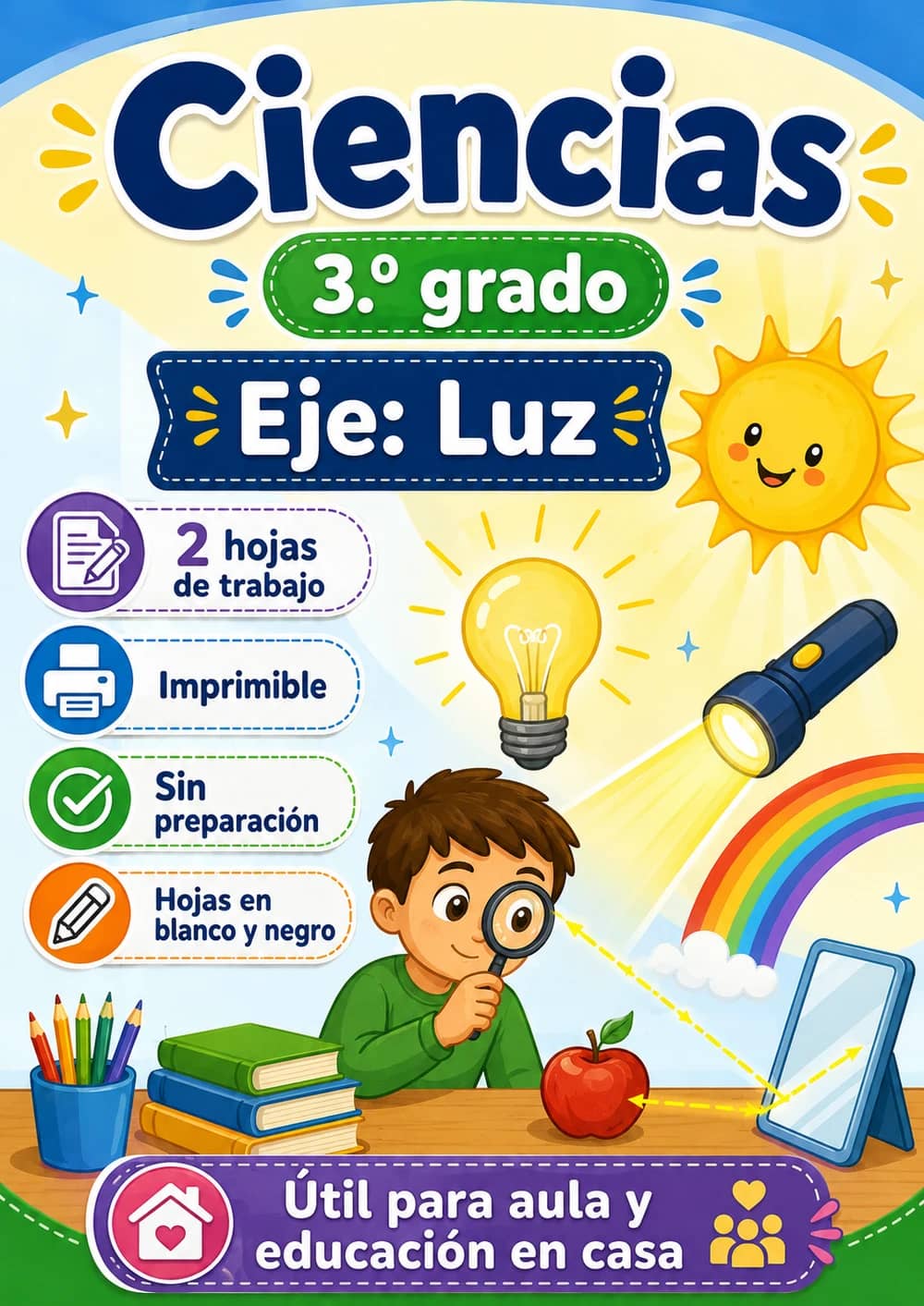 3.º grado - Luz - Paquete de ciencias en español portada imprimible