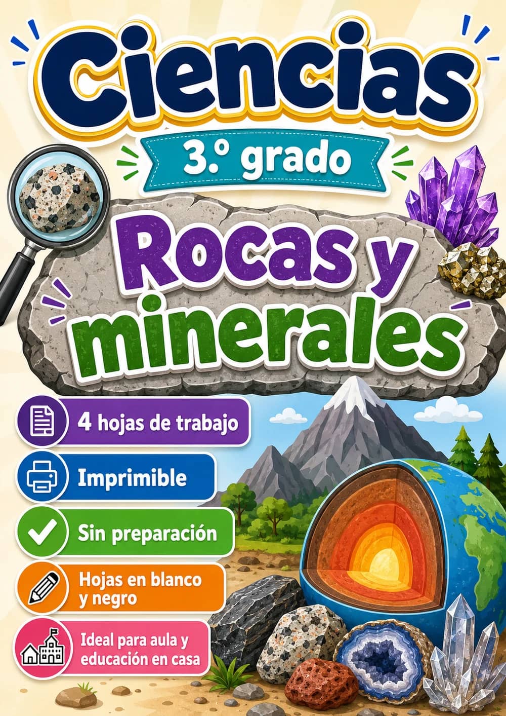 3.º grado - Rocas y minerales - Paquete de ciencias en español portada imprimible