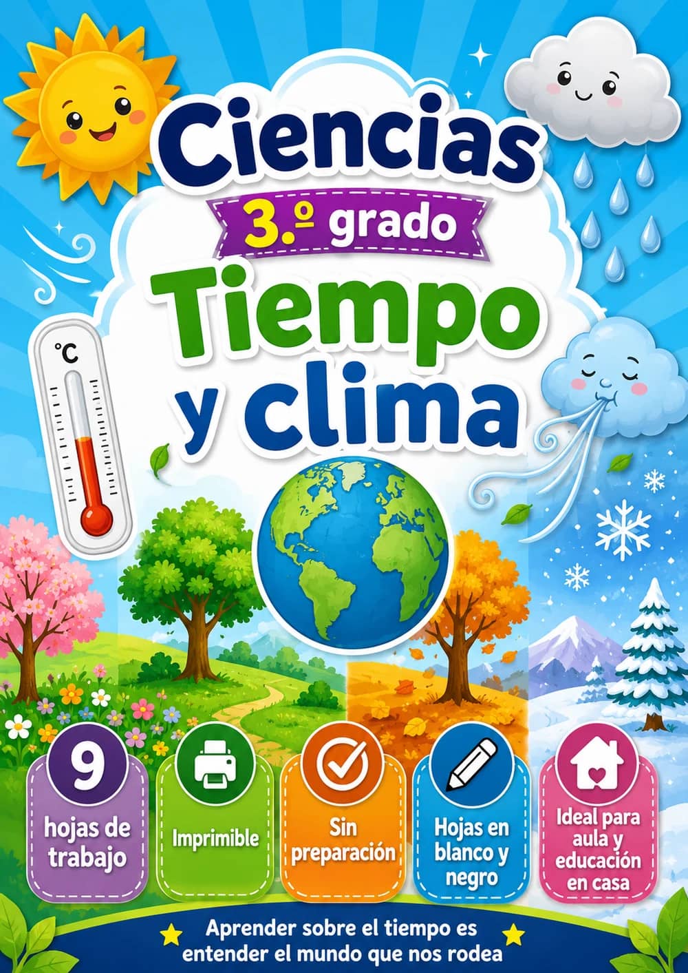 3.º grado - Tiempo y clima - Paquete de ciencias en español portada imprimible