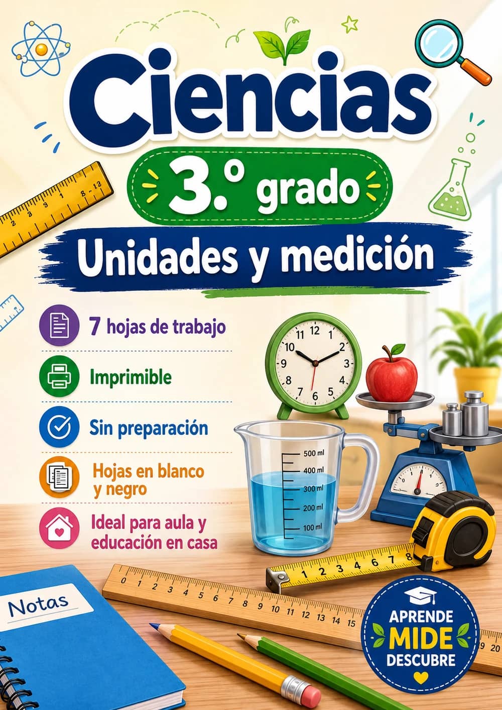 3.º grado - Unidades y medición - Paquete de ciencias en español portada imprimible
