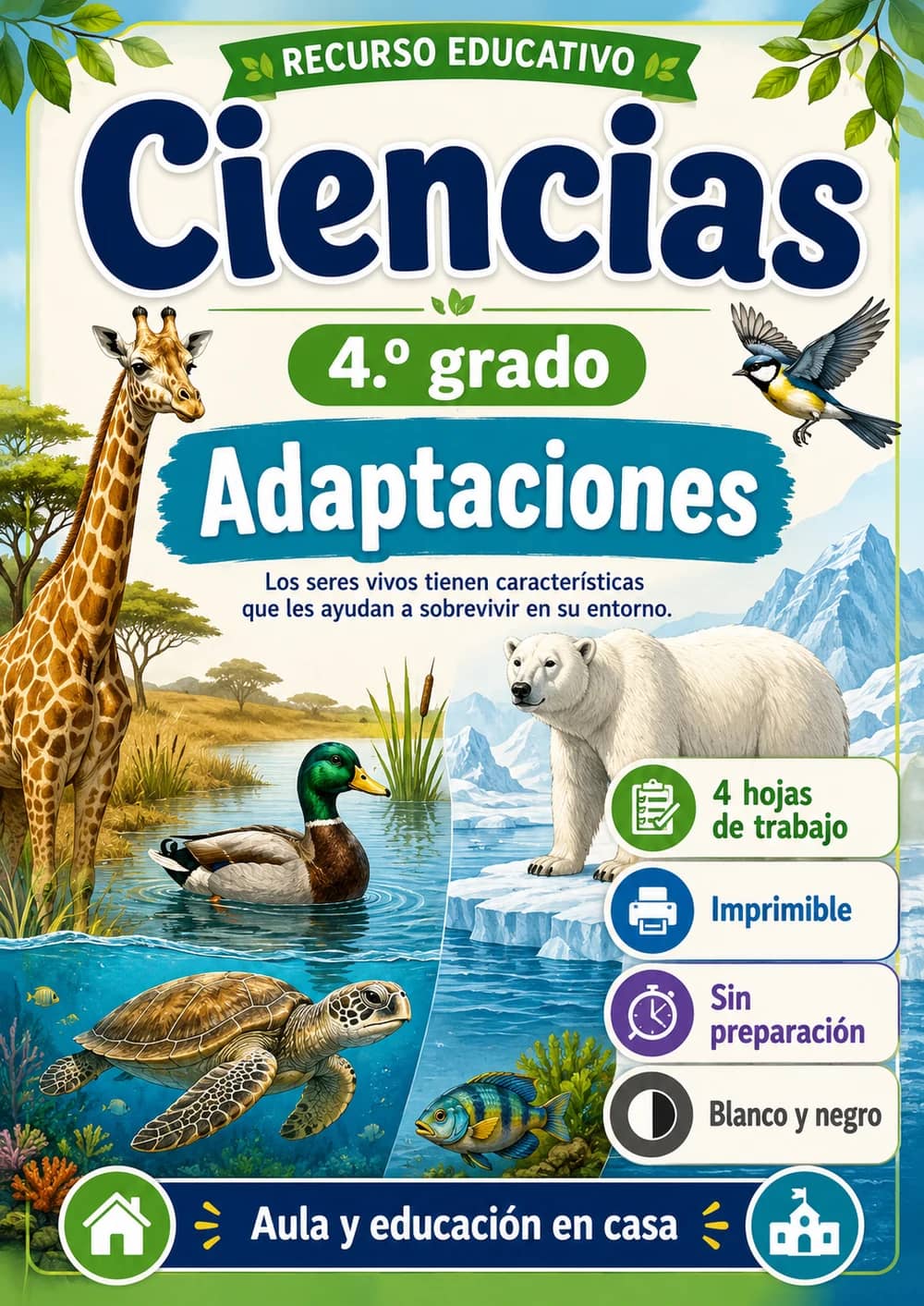 4.º grado - Adaptaciones - Paquete de ciencias en español portada imprimible