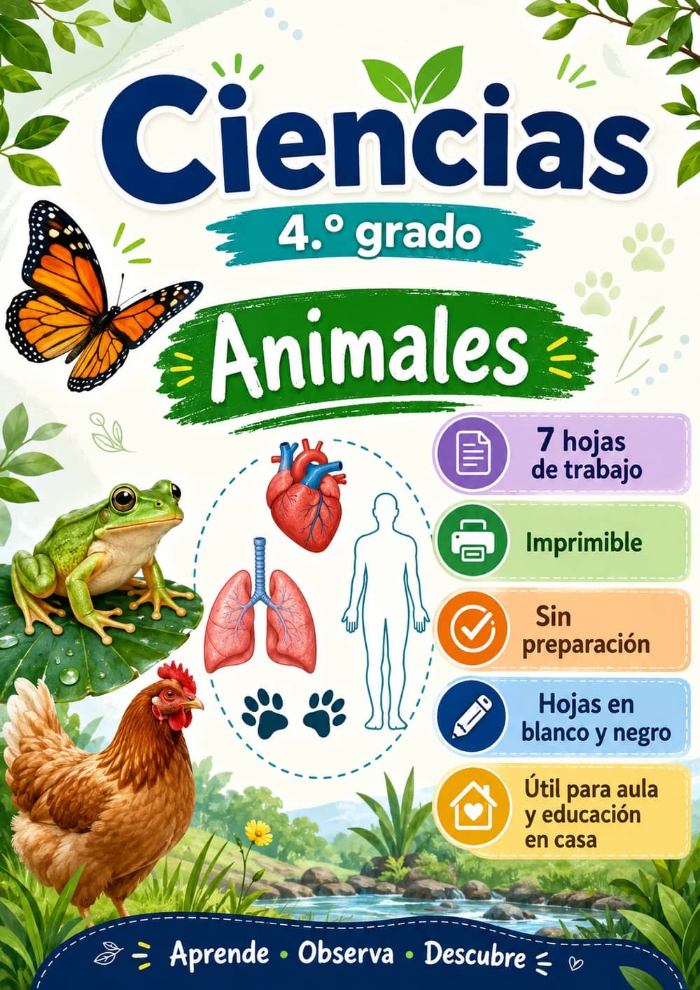 4.º grado - Animales - Paquete de ciencias en español portada imprimible