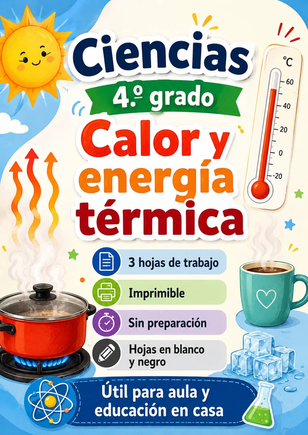 4.º grado - Calor y energía térmica - Paquete de ciencias en español portada imprimible
