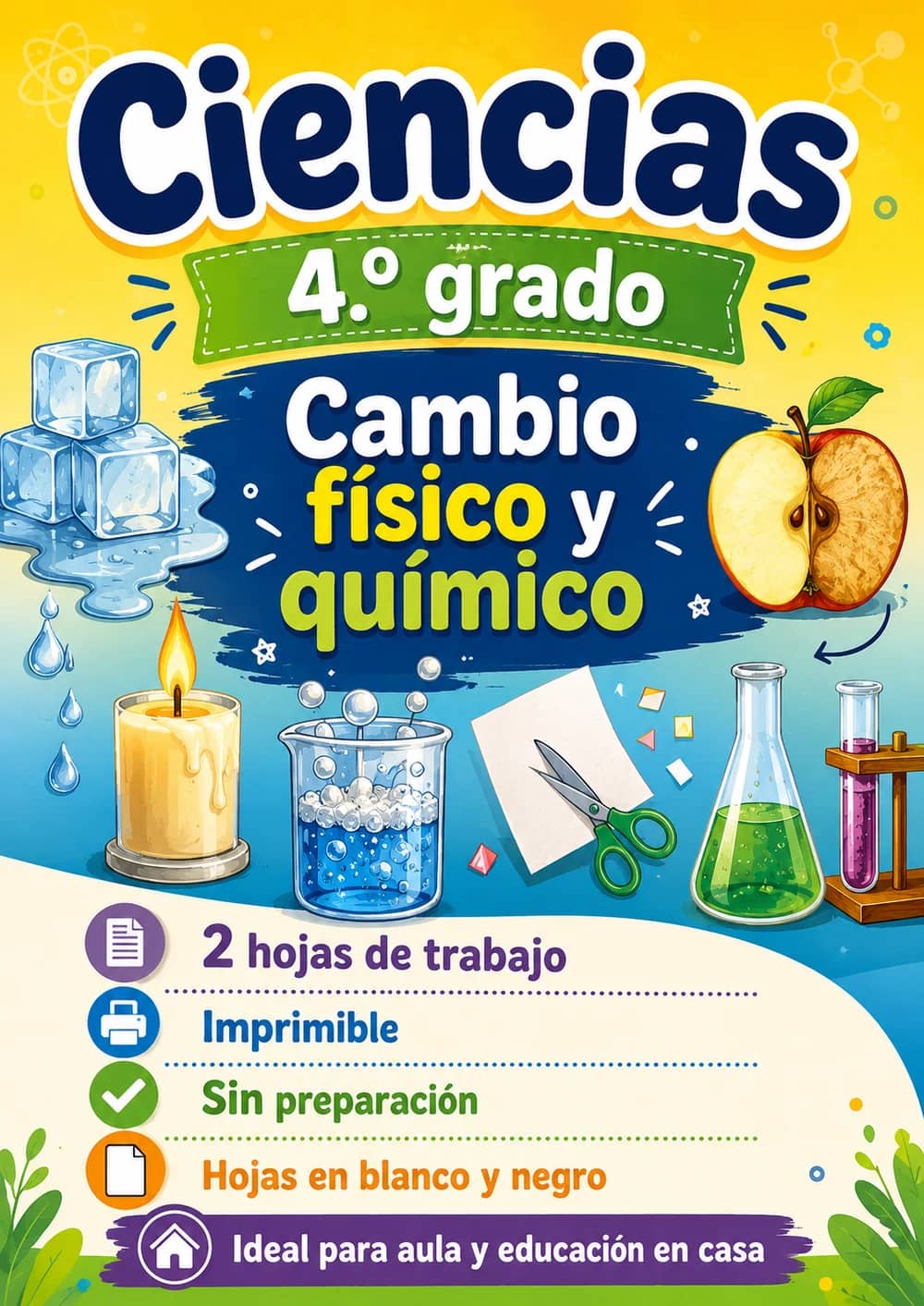 4.º grado - Cambio físico y químico - Paquete de ciencias en español portada imprimible