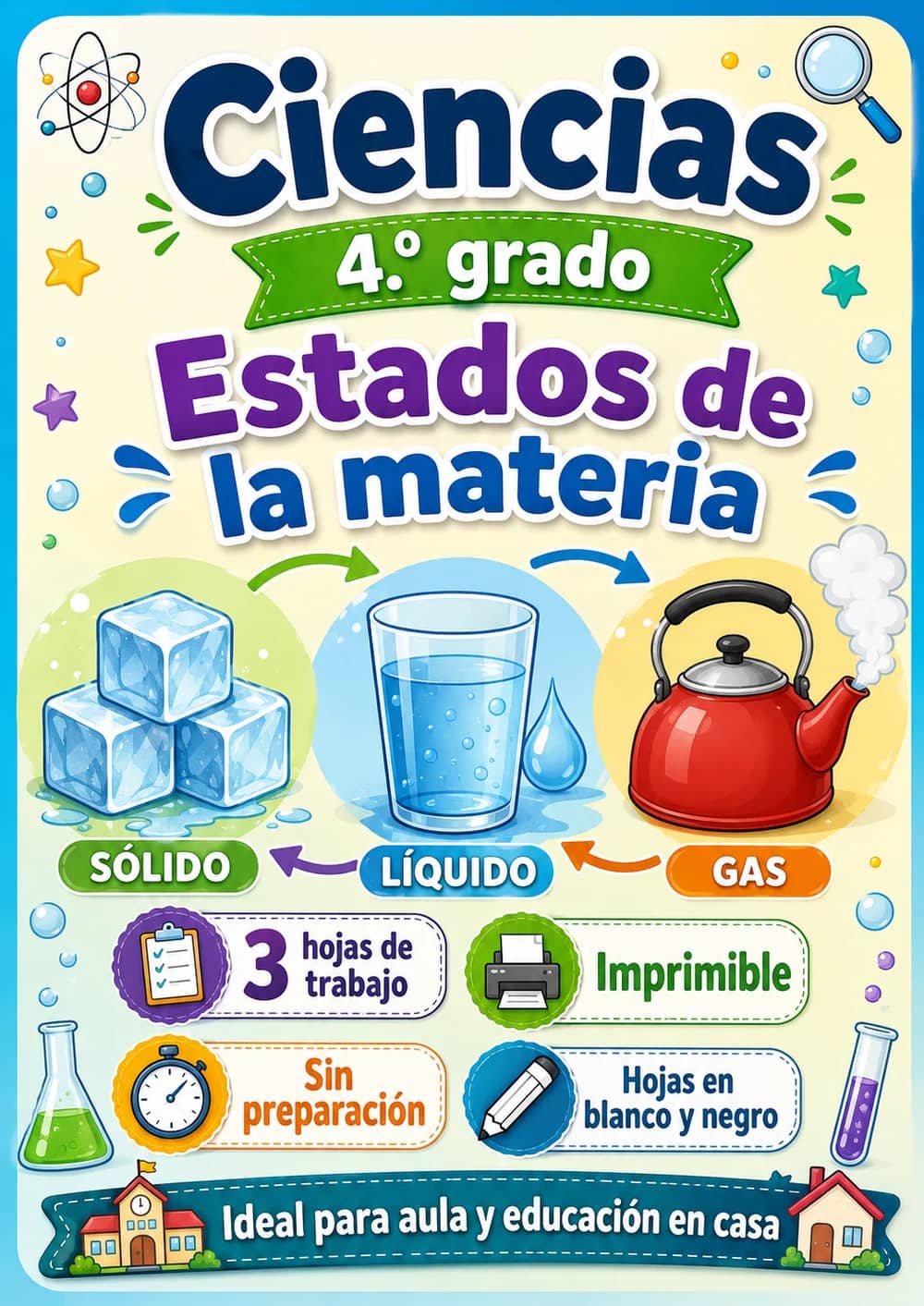 4.º grado - Estados de la materia - Paquete de ciencias en español portada imprimible