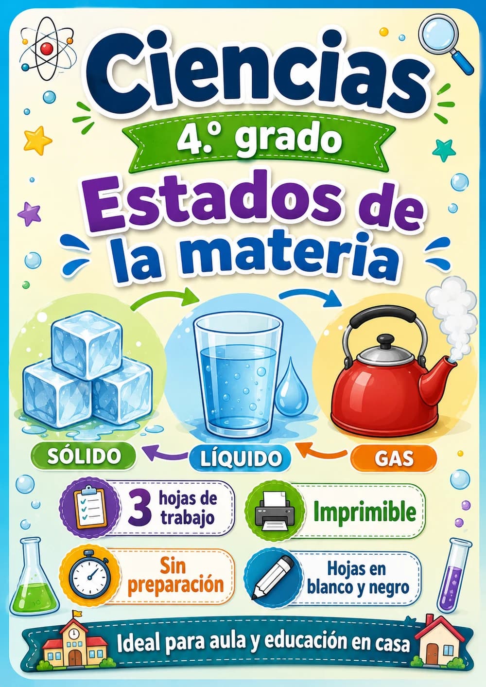 4.º grado - Estados de la materia - Paquete de ciencias en español portada imprimible