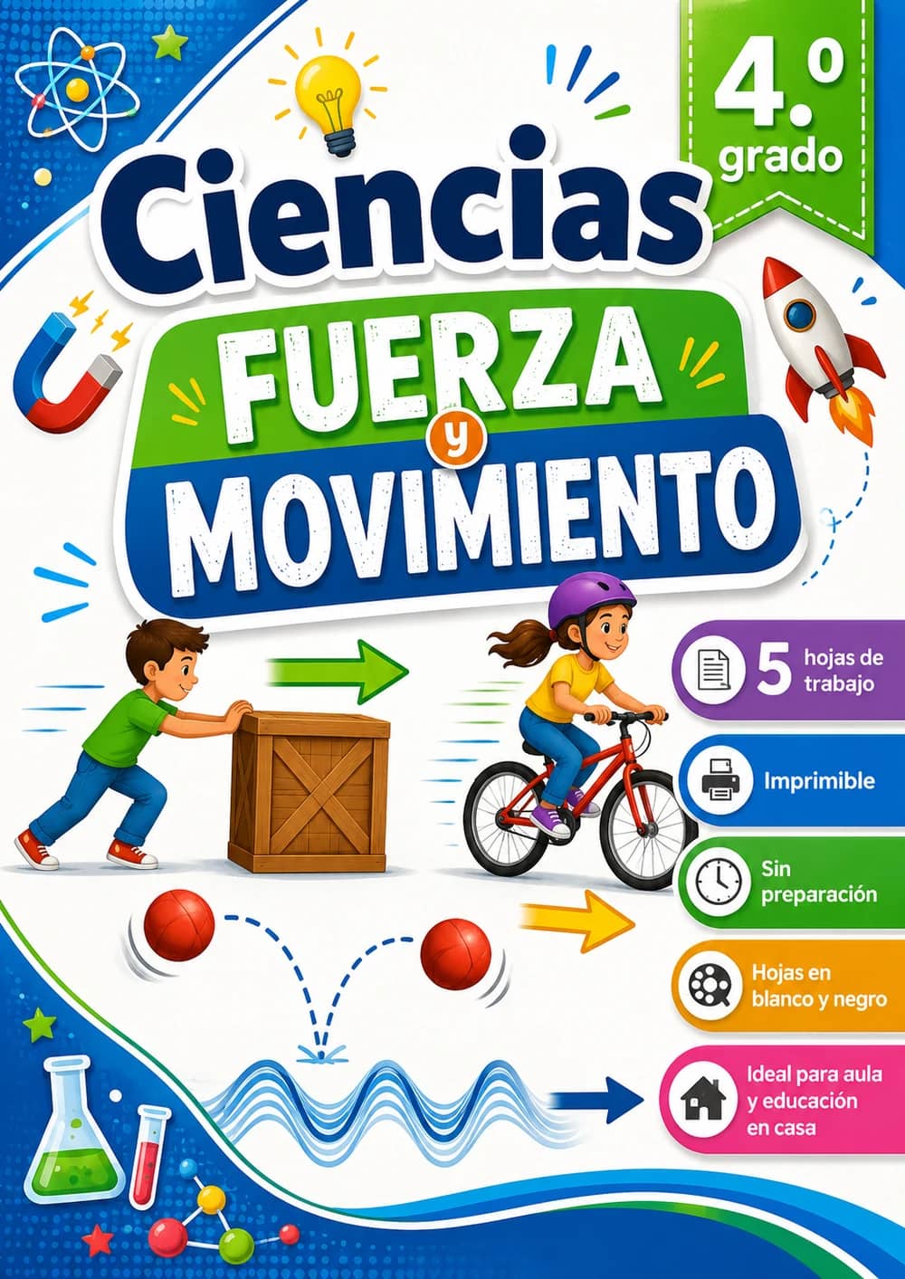 4.º grado - Fuerza y movimiento - Paquete de ciencias en español portada imprimible