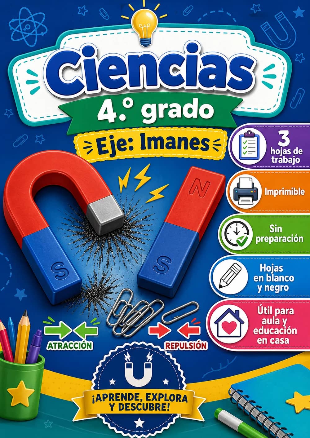 4.º grado - Imanes - Paquete de ciencias en español portada imprimible