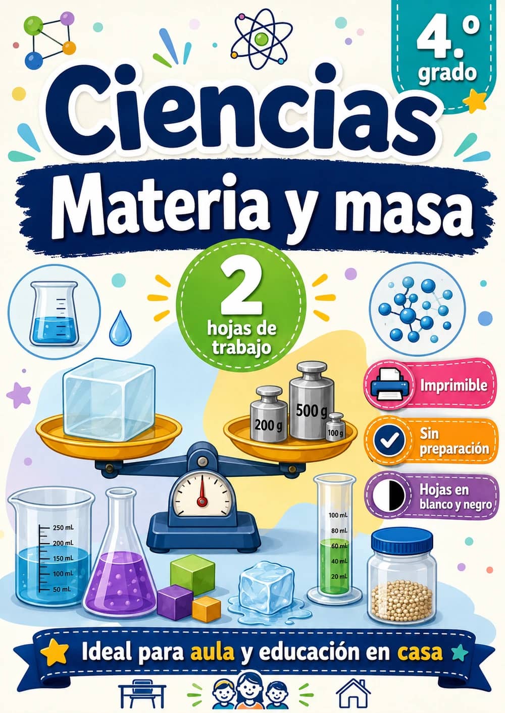 4.º grado - Materia y masa - Paquete de ciencias en español portada imprimible