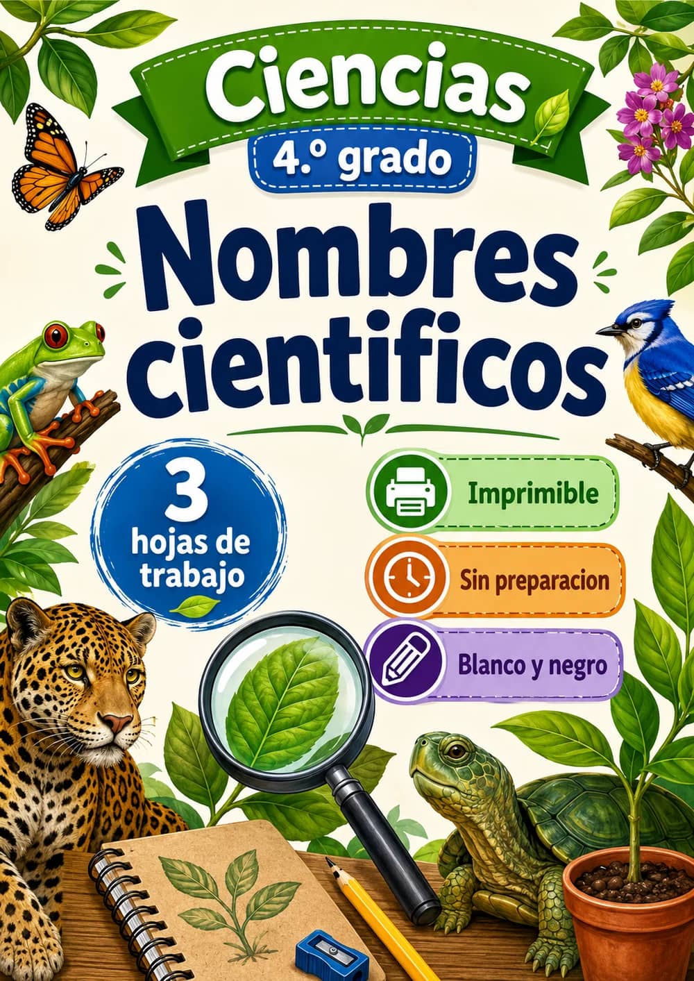 4.º grado - Nombres científicos - Paquete de ciencias en español portada imprimible