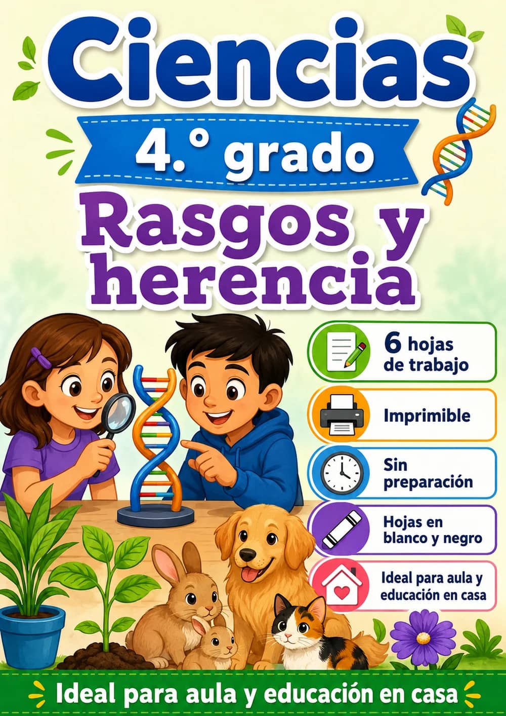 4.º grado - Rasgos y herencia - Paquete de ciencias en español portada imprimible