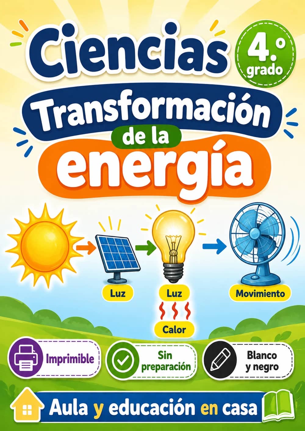 4.º grado - Transformación de la energía - Paquete de ciencias en español portada imprimible