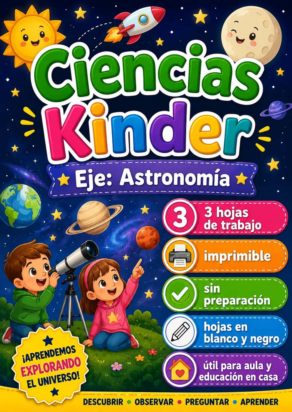 Kinder - Astronomía - Paquete de ciencias en español portada imprimible