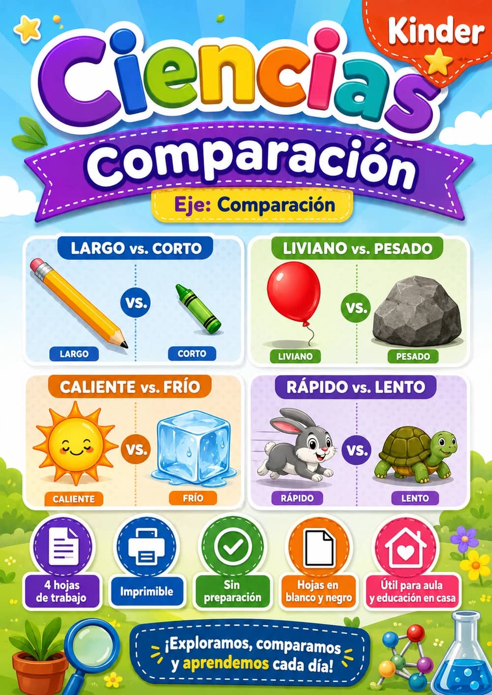 Kinder - Comparación - Paquete de ciencias en español portada imprimible