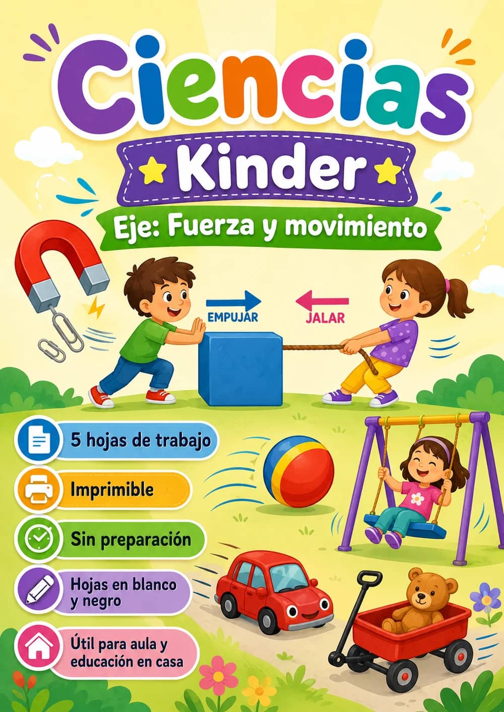 Kinder - Fuerza y movimiento - Paquete de ciencias en español portada imprimible